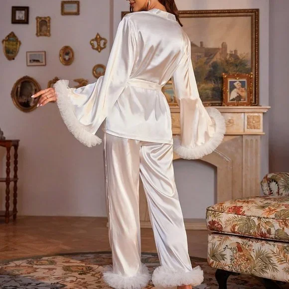 Chic Belted Mesh Cuff PJ Set White - Picture 3 of 5
